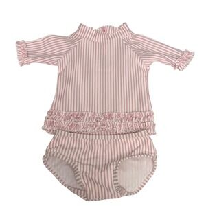 RuffleButts Baby Girls Pink Seersucker Striped‎ Rash Guard Swimsuit Set 6-12M